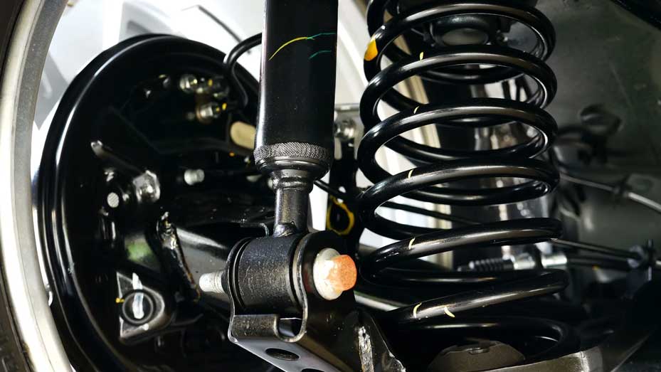 Close-up of vehicle coil spring and shock absorber